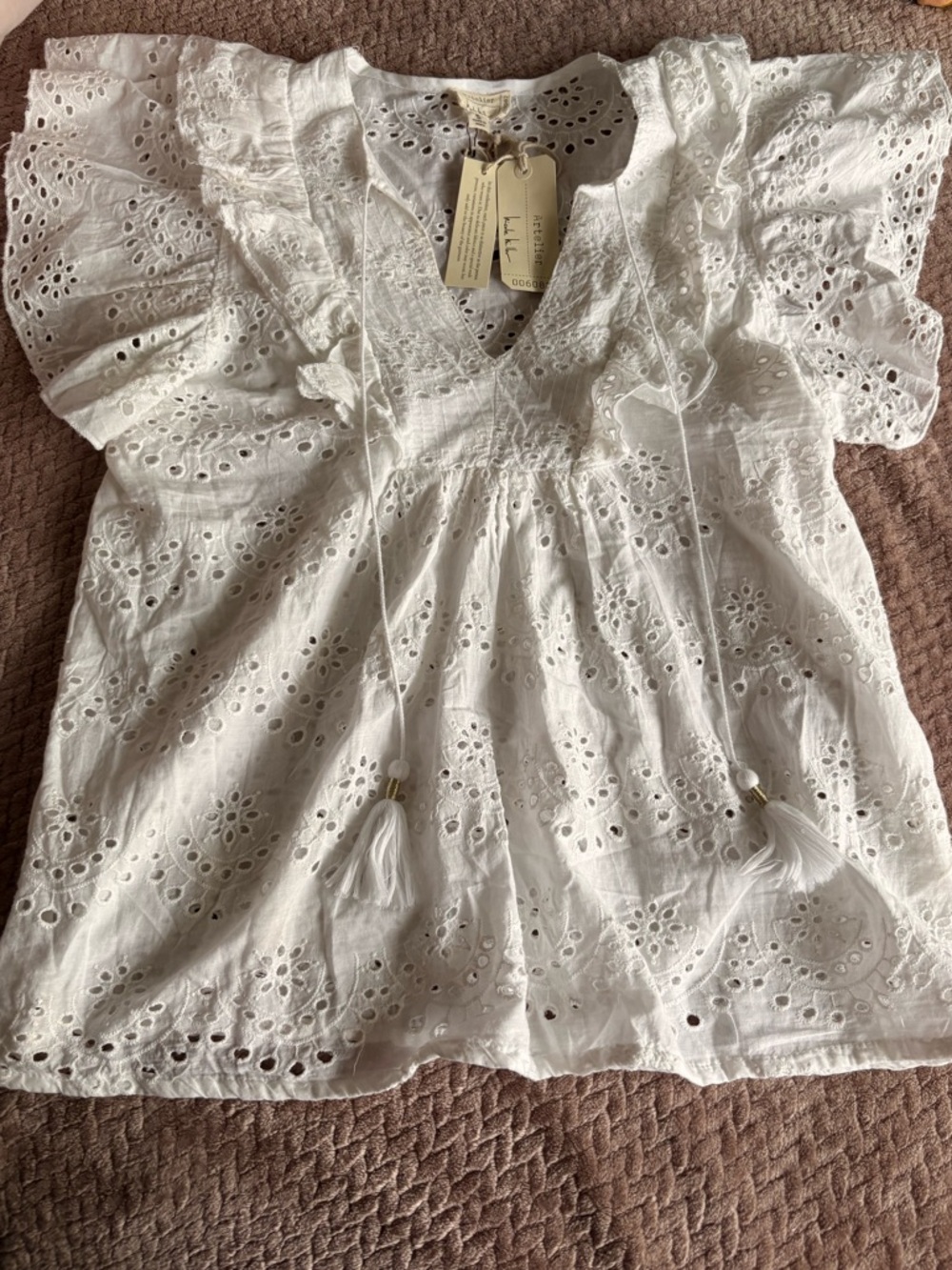 Nicole Miller White Eyelet Cotton Blouse with Tassels